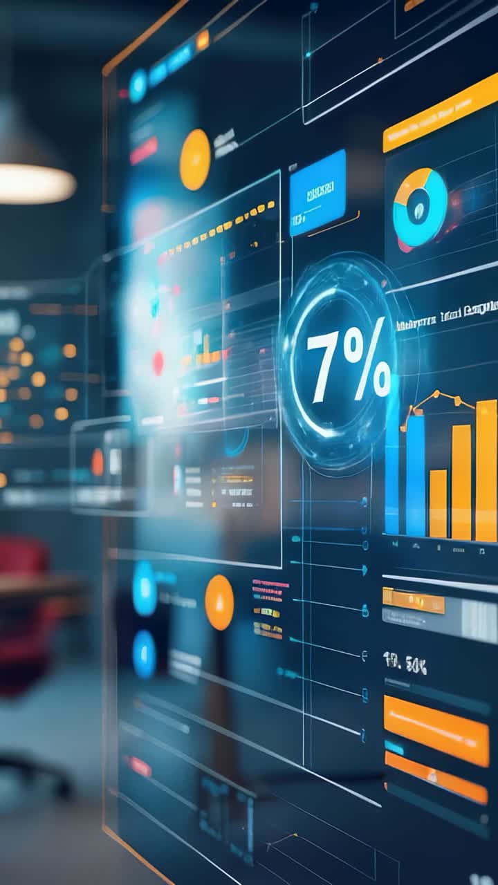 Vertical video: Pulsing loading indicator on dashboard animating charts updating data in office