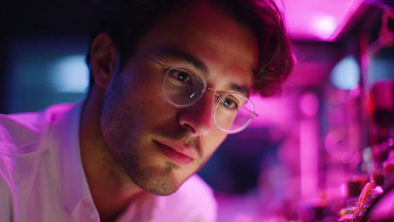 A focused young man with glasses examines intricate details of a device under soft pink lights, showcasing a blend of curiosity and joy as he observes the technology around him in an engaging environment