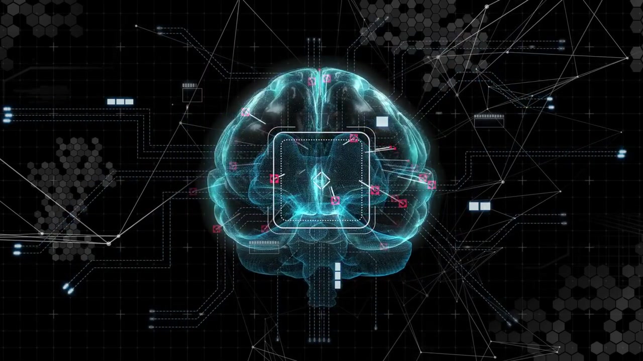 Overlay fading in, cyan brain pulsing while magenta nodes sending pulses into core, processing data