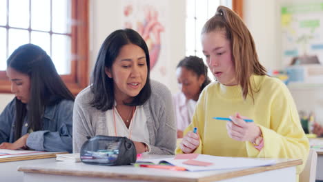 high school, frustrated or teacher helping girl