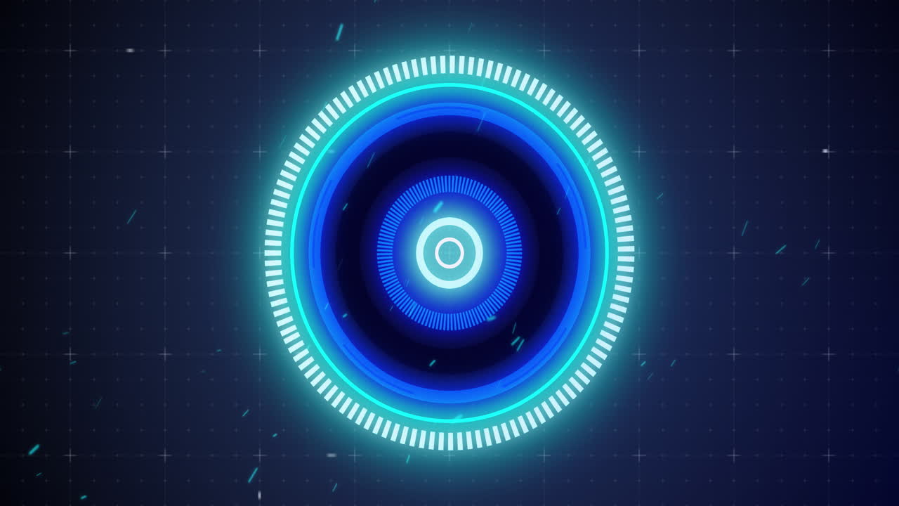 Animation of glowing blue scope scanning and spinning with glitch on grid background