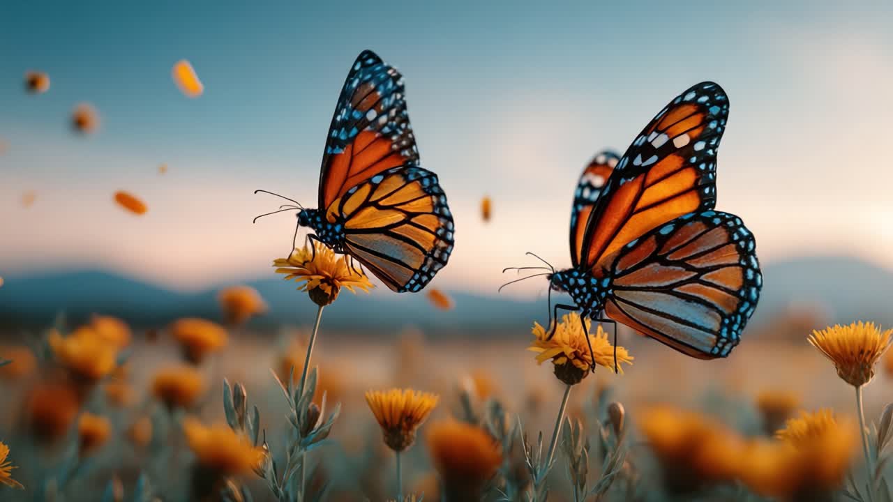 Un bellissimo incontro: farfalle monarca si nutrono con grazia su fiori vivaci in un prato illuminato dal sole con morbide montagne sullo sfondo e la dolce brezza.