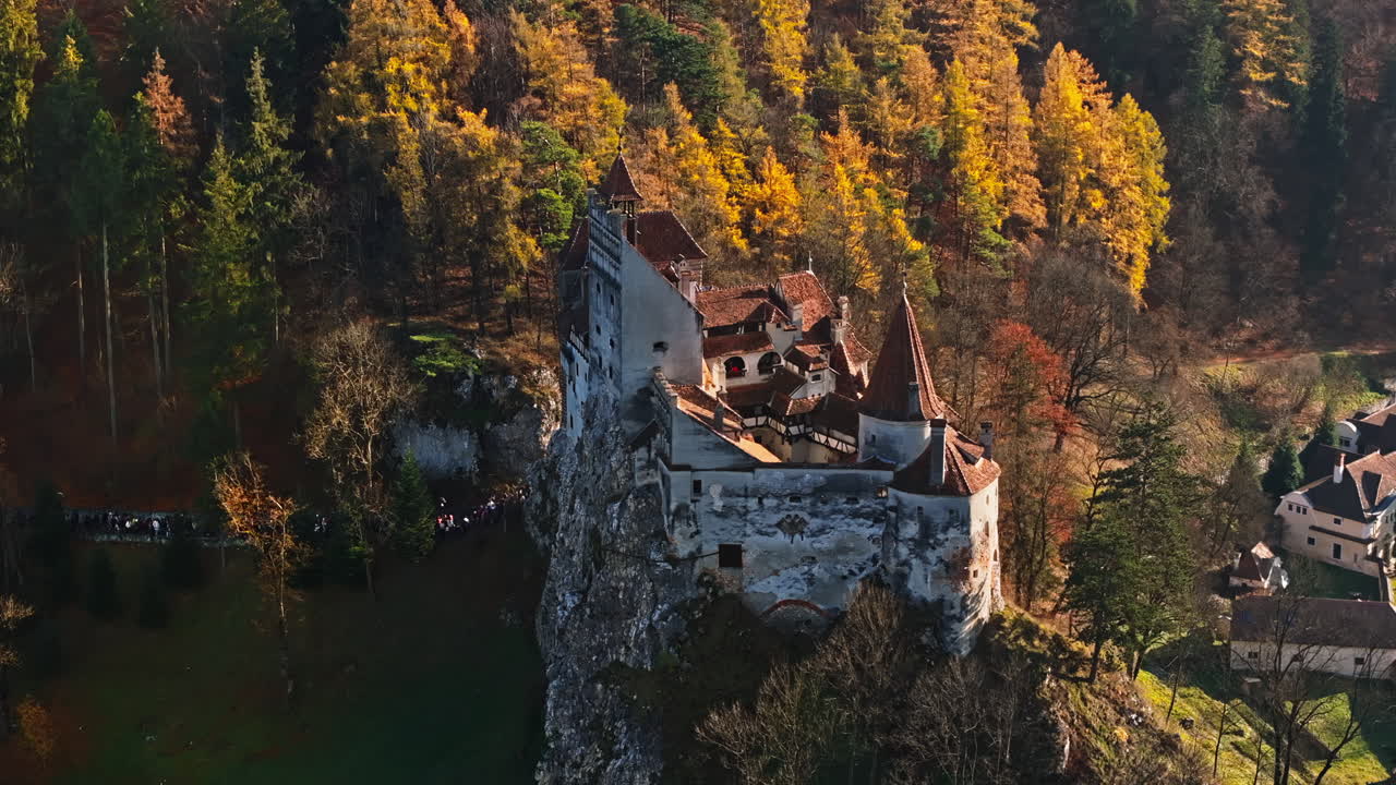 Aerial drone view of the Bran Castle in Bran, Transylvania, Romania