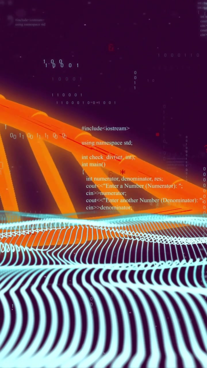 DNA-Strang und Binärcode über abstrakter digitaler Landschaft