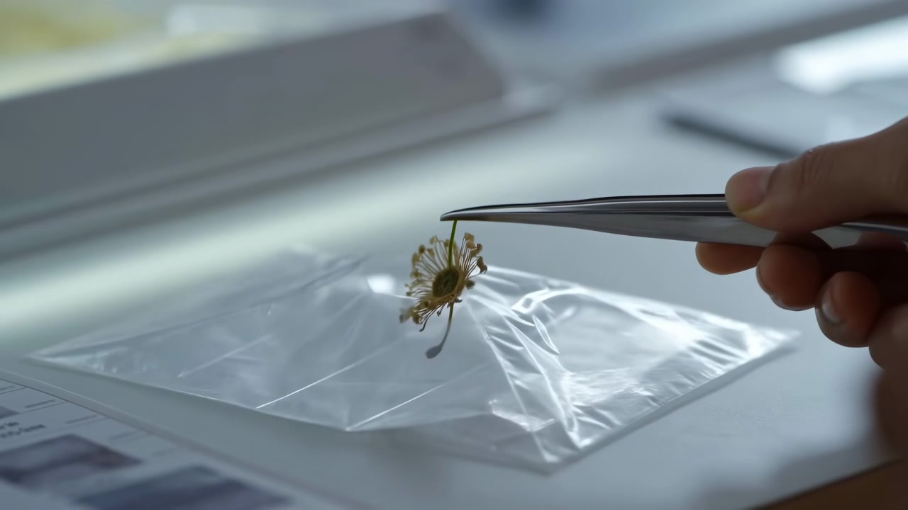 Right hand holds stainless tweezers to lift delicate dried flower specimen by thin stem above clear resealable plastic bag on white tabletop inside clinical botanical workspace with sterile light