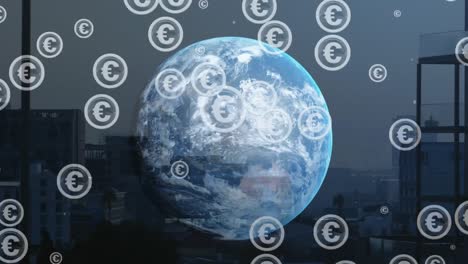 animation of euro currency symbol in circles over globe against modern buildings in background