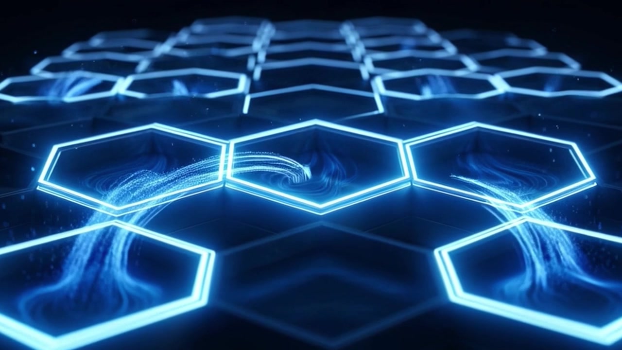 Abstract Digital Hexagon Grid with Glowing Data Streams and Binary Code
