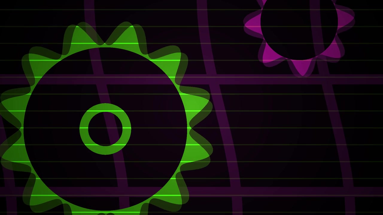 Abstract Animation of Rotating Green and Purple Gears on a Grid