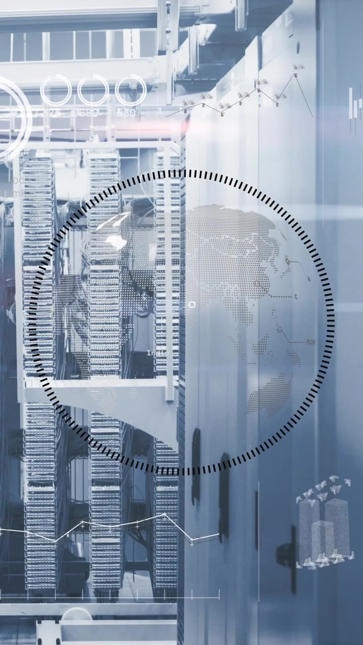 Animated video showcases data processing in tech and server rooms for global business.