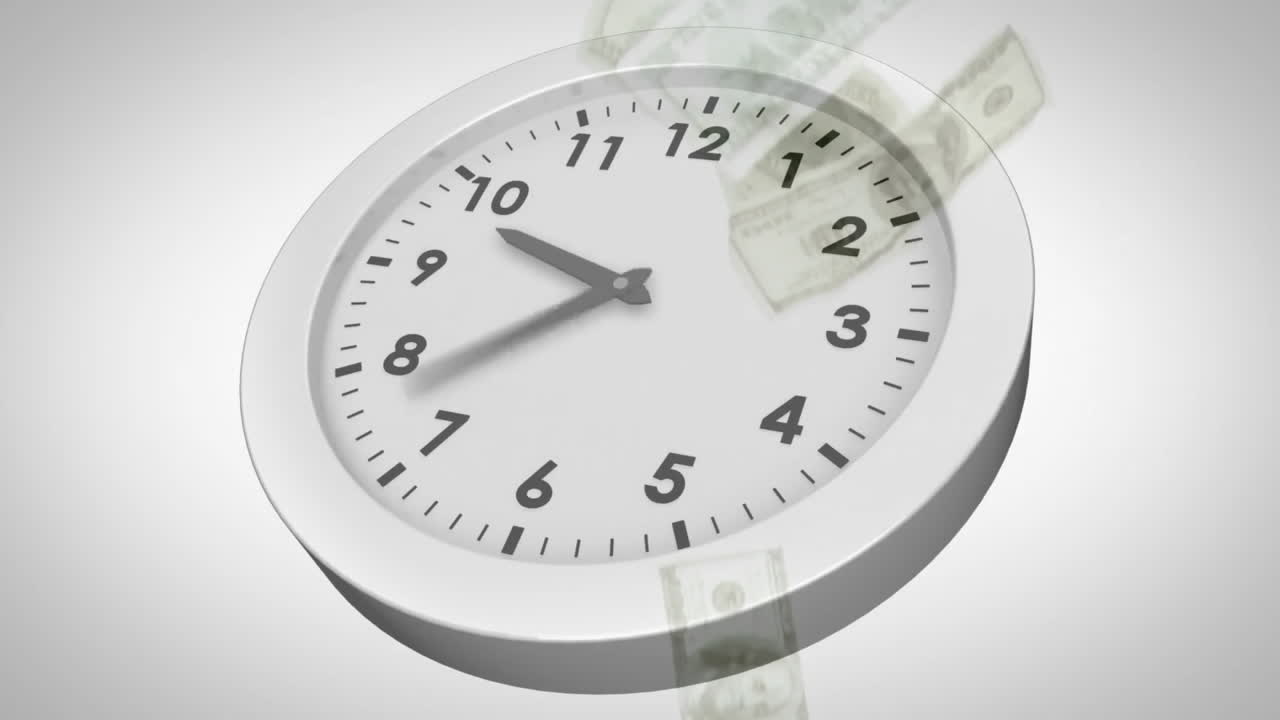 animación de reloj en movimiento sobre billetes de banco sobre fondo blanco