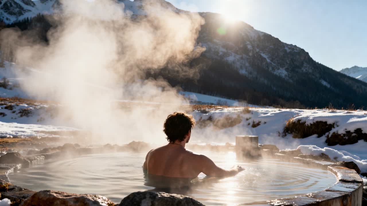 Sitting bare-chested man warming in snowy-valley hot tub, cold air lifting steam arm rippling water