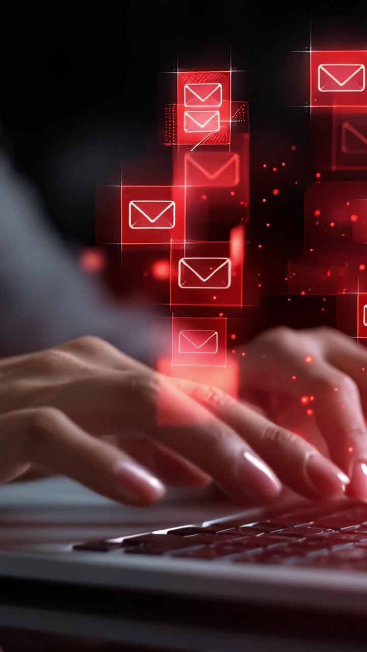 Uno sguardo sulla comunicazione digitale: mani che digitano su una tastiera circondate da icone email rosse fluttuanti che rappresentano la messaggistica online e la connettività