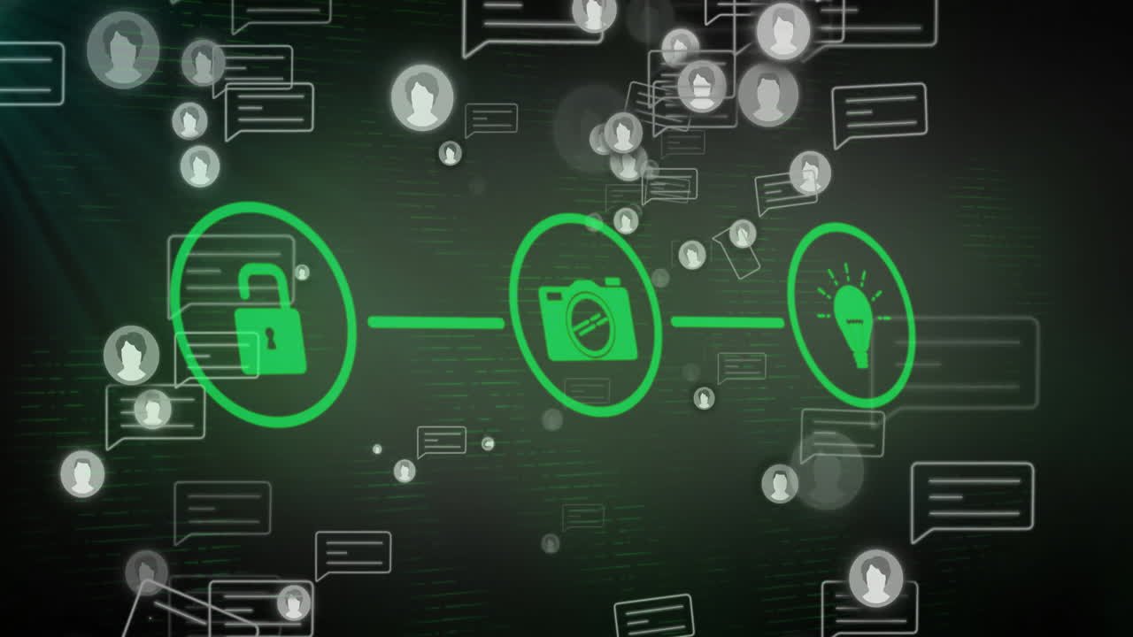 Icons of lock, camera, and light bulb connected with digital communication symbols