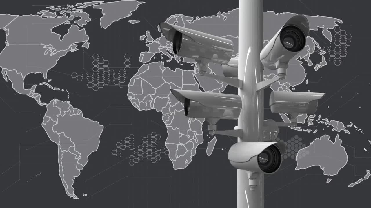 Animazione di telecamere CCTV per la sicurezza informatica e elaborazione dati su mappa del mondo