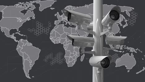 animación de cámaras de seguridad en línea y procesamiento de datos sobre el mapa del mundo