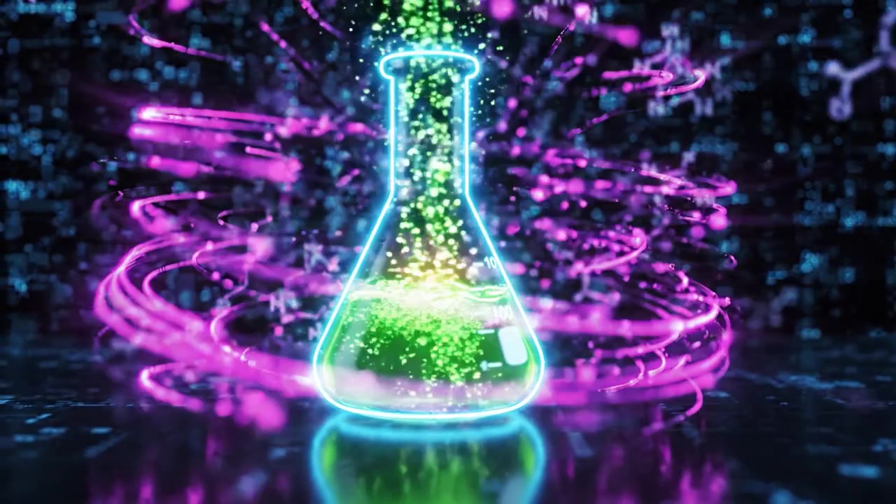 Una dinamica scena di laboratorio con un becher incantato riempito con soluzioni luminescenti, che illustra l'affascinante interazione tra chimica ed effetti di luce.