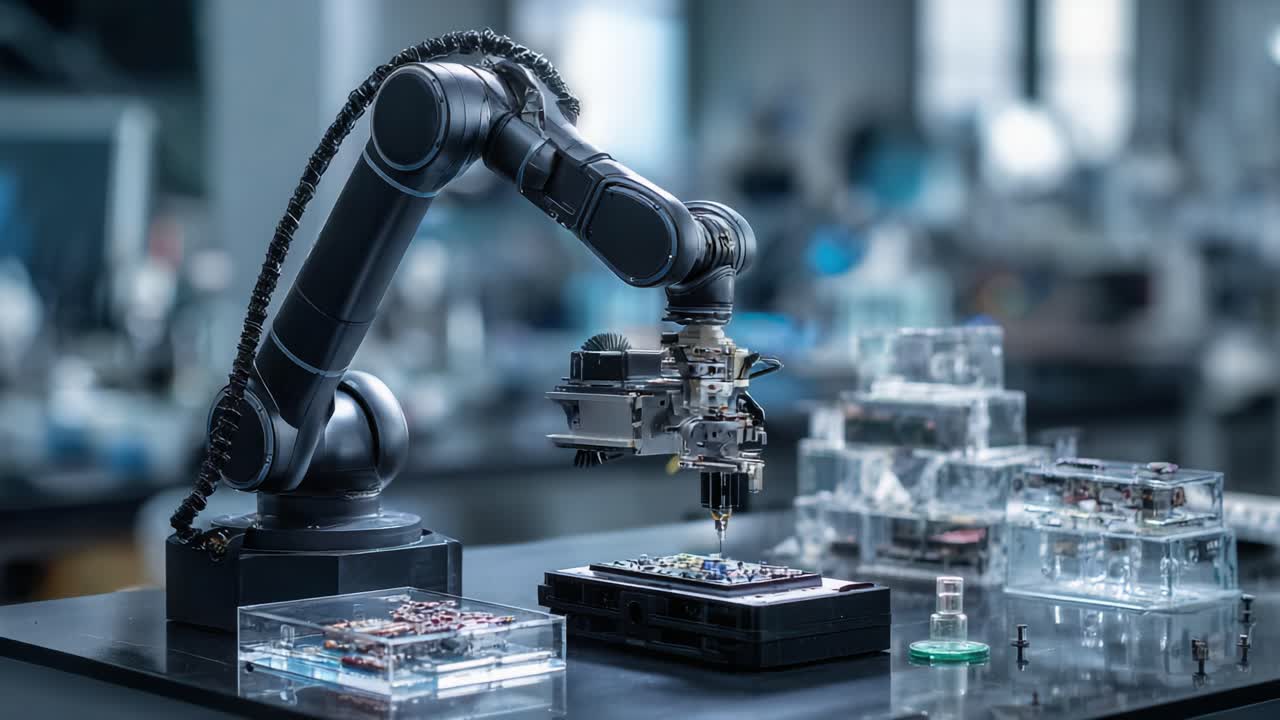 Advanced Robotic Arm Engaged in Precise Assembly Process in Modern Laboratory Environment, Showcasing Cutting-edge Technology and Automation