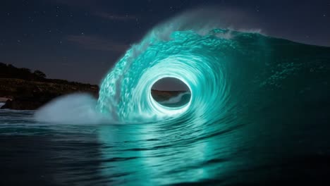 Captivating Ocean Swell: A Spectacular Night View of a Glowing Wave Forming a Perfect Barrel with Starry Sky Reflections