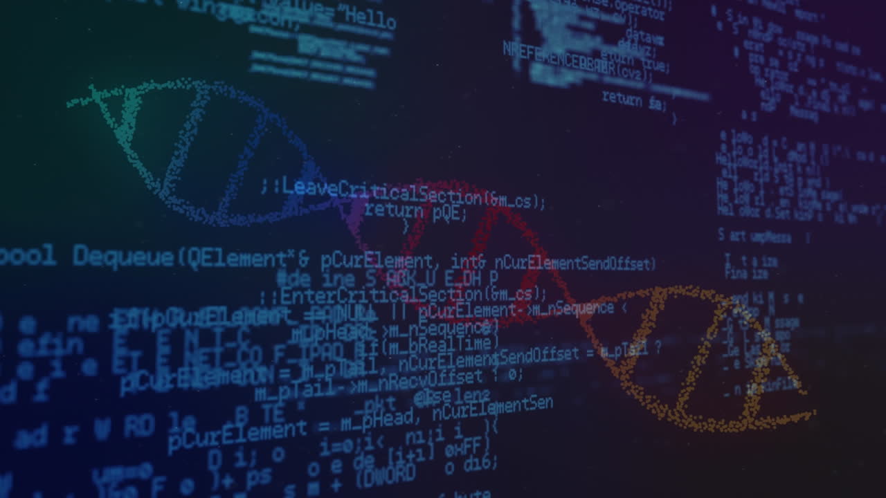 animación del procesamiento de datos azules y hélice de adn de colores girando en pantalla oscura