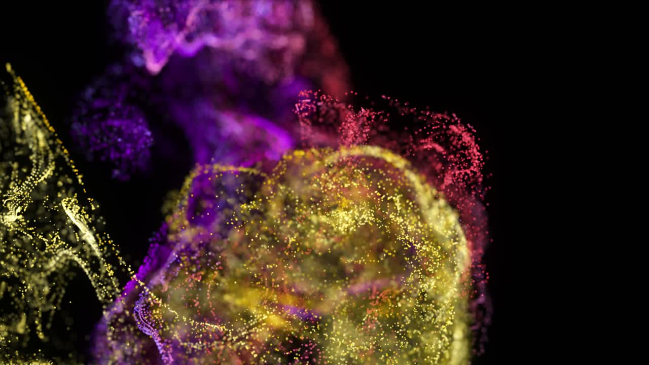 검은 바탕에서 움직이는 분홍색과 노란색 입자 구름의 애니메이션