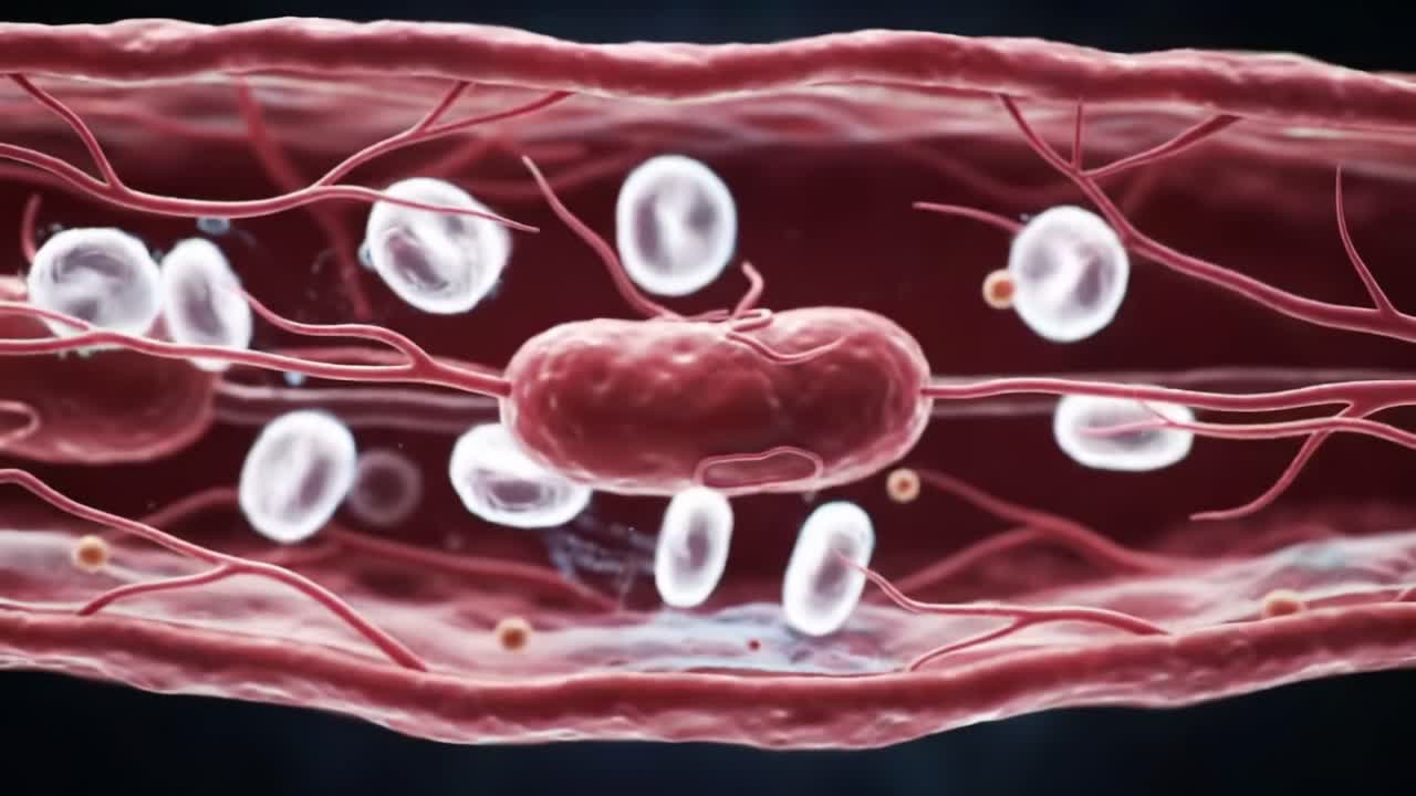 Microscopic View Inside the Human Bloodstream Illustrating the Interaction of Blood Cells and Bacteria, Highlighting the Complexities of Hematology and Microbiology