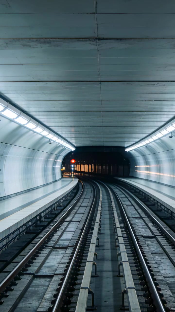 Video verticale: Treno che passa e si allontana in un tunnel curvo, rivelando i fari lungo i doppi binari