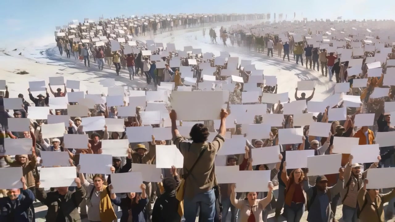 Raising placard, man on rock in shirt, jeans leading crowd mirroring blank signs on sandy curve