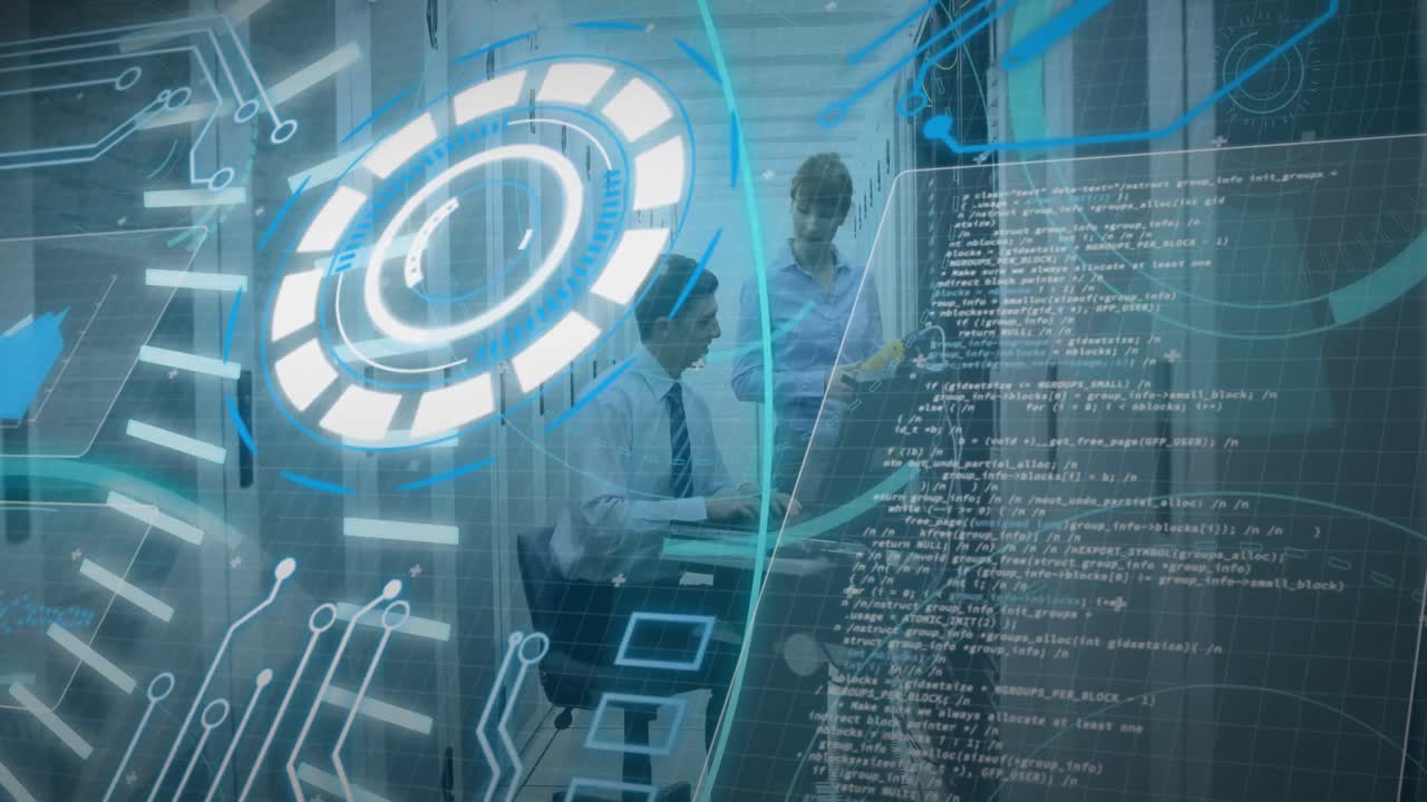 animación del procesamiento de datos sobre el servidor trabajadores de la sala caucásica