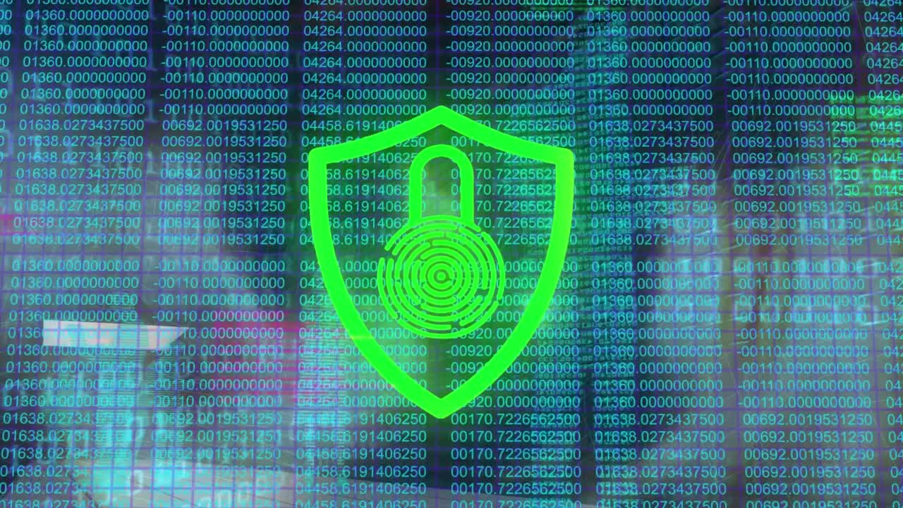 video digital de codificación binaria con el escudo de seguridad de la red informática