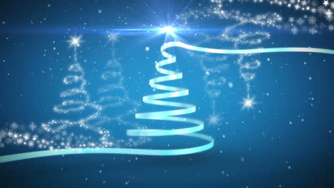 animation of christmas blue ribbon forming christmas tree on blue background