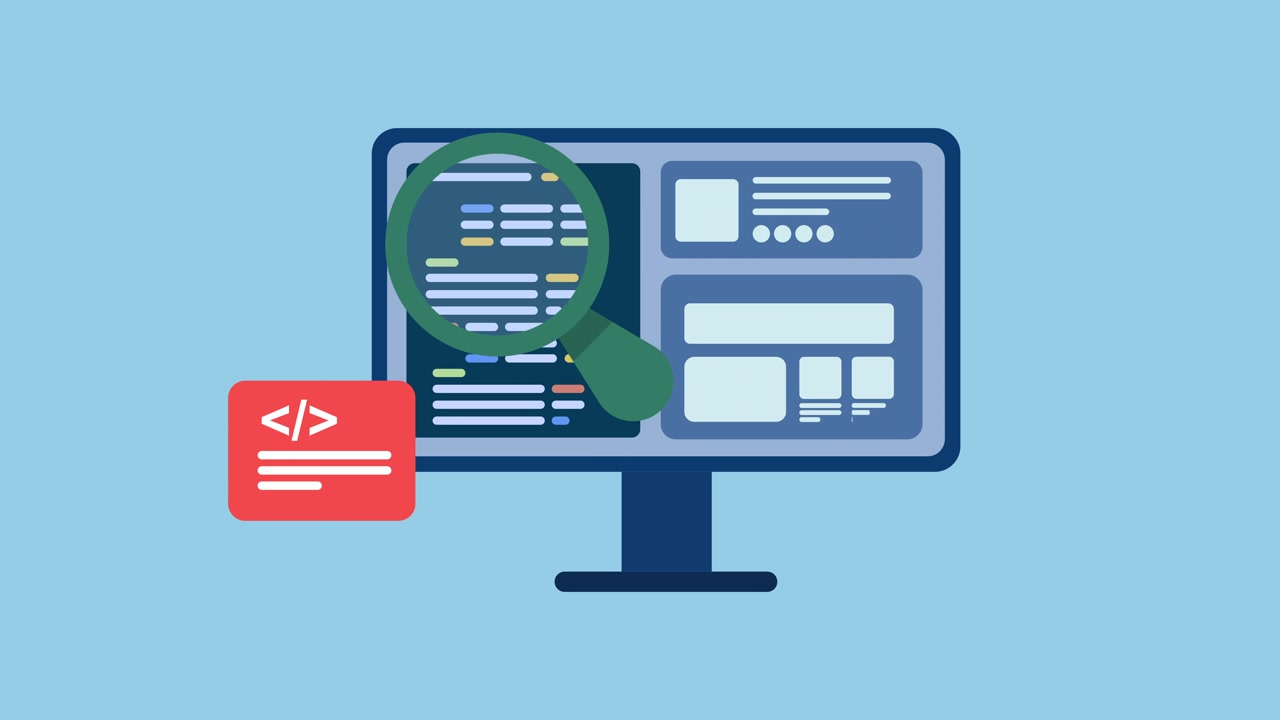 Animated Computer Monitor Displaying Coding and Web Development Process