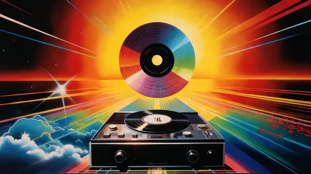Concepto de vídeo retrofuturista con vista en ángulo bajo de un tocadiscos y vinilo, colores neón vibrantes
