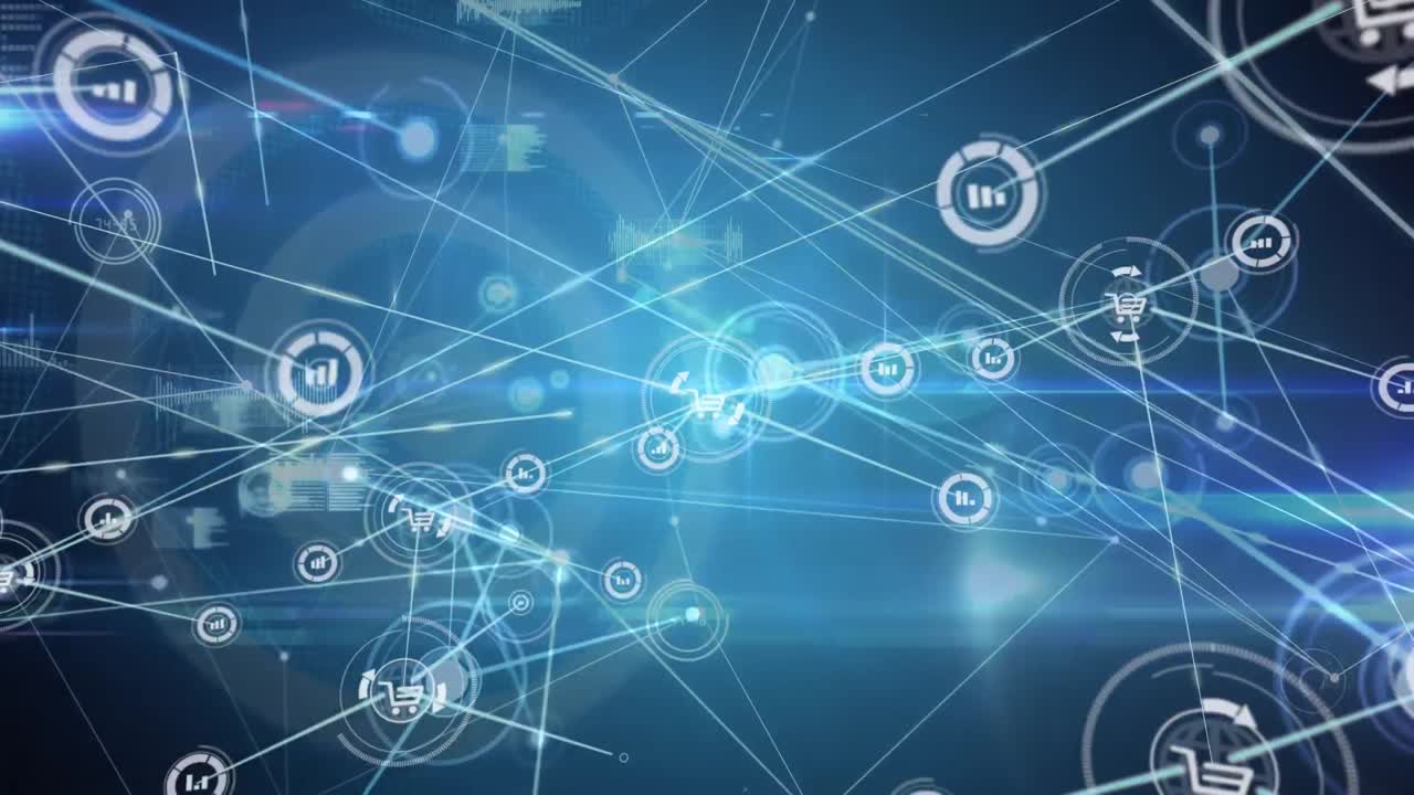 animación de la creciente red de información y iconos de compras que transfieren datos a través de azul brillante