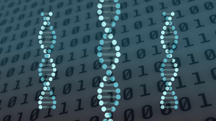 Animation of dna strands spinning over binary coding data processing
