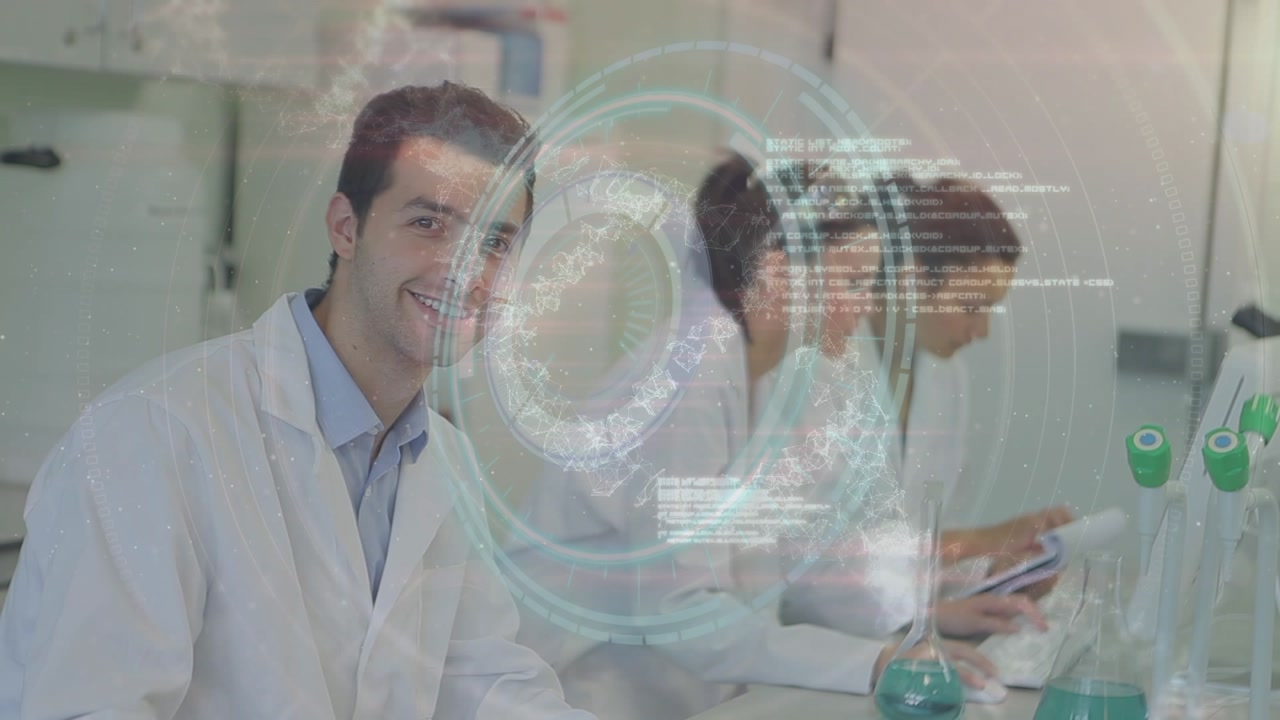 Animação de microscópio e processamento de dados sobre diversos cientistas em laboratório