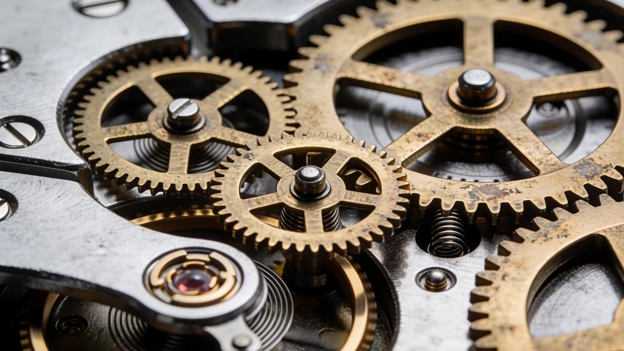 Unwinding mainspring driving gears rotating and swinging balance wheel at bench timing with jewel