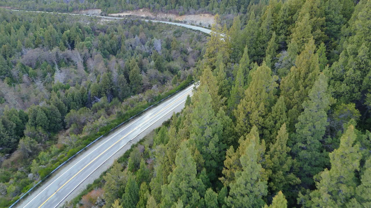 imágenes de drones de una autopista entre bosques verdes, un coche conduciendo en la ruta 40, carretera argentina