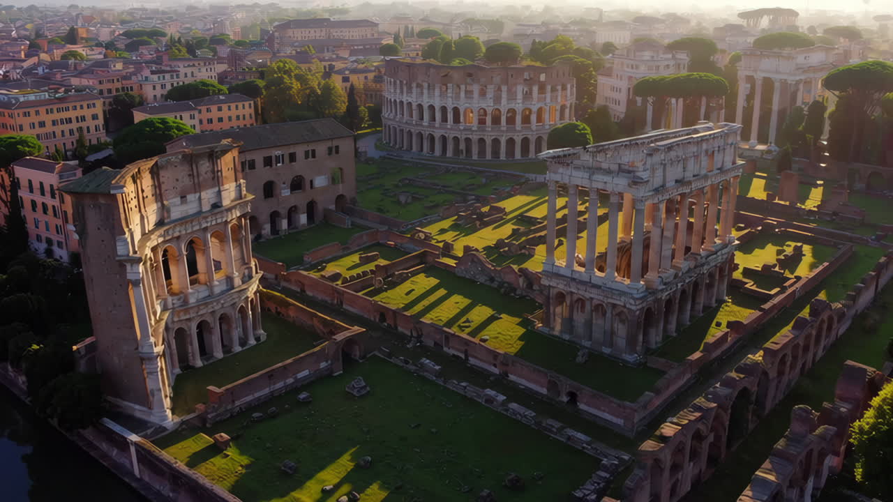 Aerial View of the Roman Forum and Colosseum at Sunrise