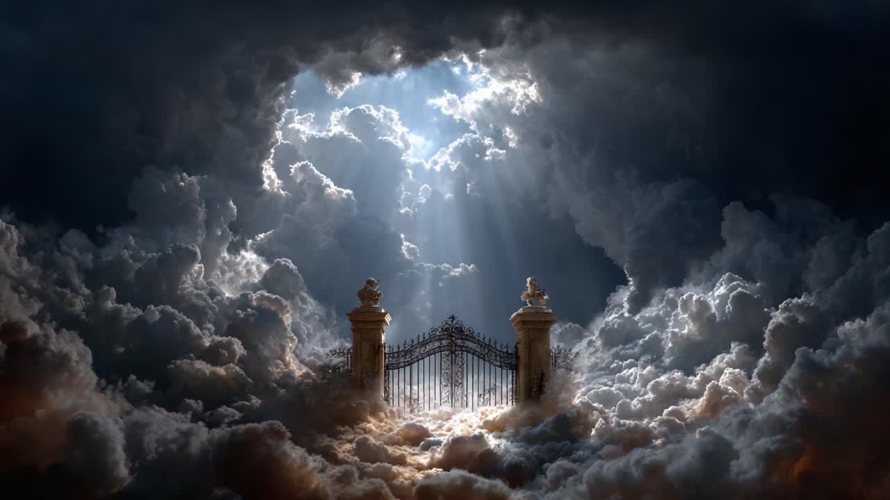 A majestic celestial gate emerges from swirling clouds as rays of light break through the dark skies, creating a breathtaking vision of heaven and tranquility