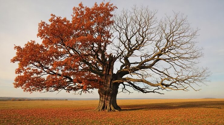 Una maestosa quercia in autunno che mostra foglie arancioni vibranti contro un cielo limpido in un paesaggio sereno