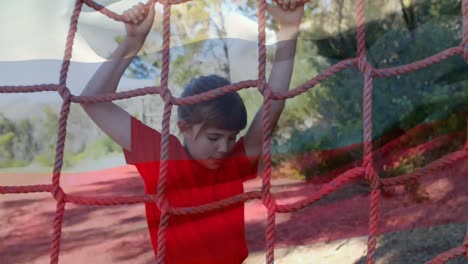 Animation-of-flag-of-russina-over-caucasian-boy-during-obstacle-race-training