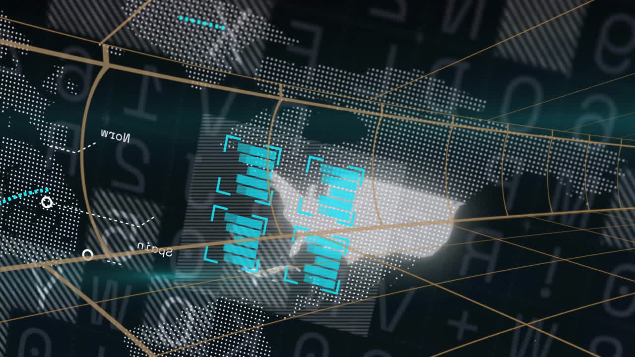 Digital world map with data processing animation over grid lines and numbers