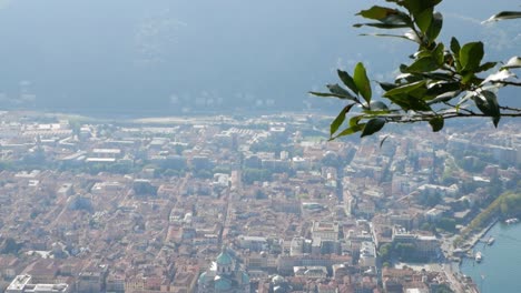 Como-Vista-De-La-Ciudad-Desde-Arriba-Con-Rama-De-árbol-Verde-En-Primer-Plano,-Vista-De-Mano