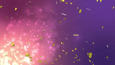 animation of gold confetti falling with particles on glowing purple background