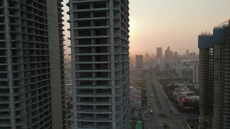 Sun-Streaks-Through-Between-Unfinished-Skyscrapers-In-Danang-Vietnam