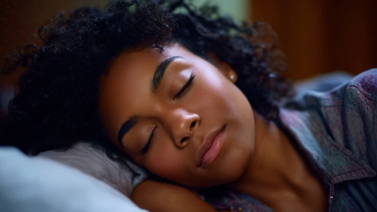 Sonno sereno: una giovane donna che si riposa comodamente in un letto accogliente, sognando in un ambiente rilassante con illuminazione soffusa e ombre delicate