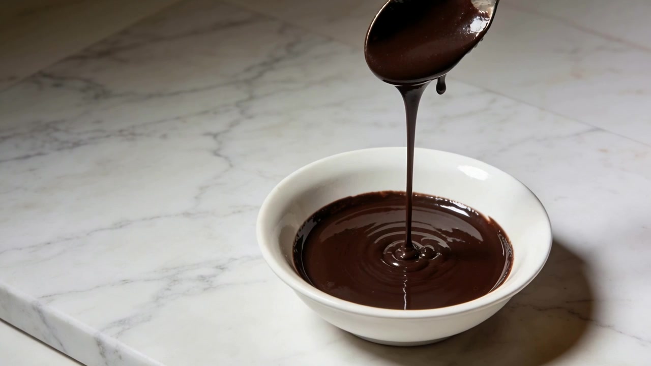 Cucchiaio di metallo che solleva, cioccolato fondente fuso che cade in una ciotola bianca su un bancone di marmo per l'impiattamento