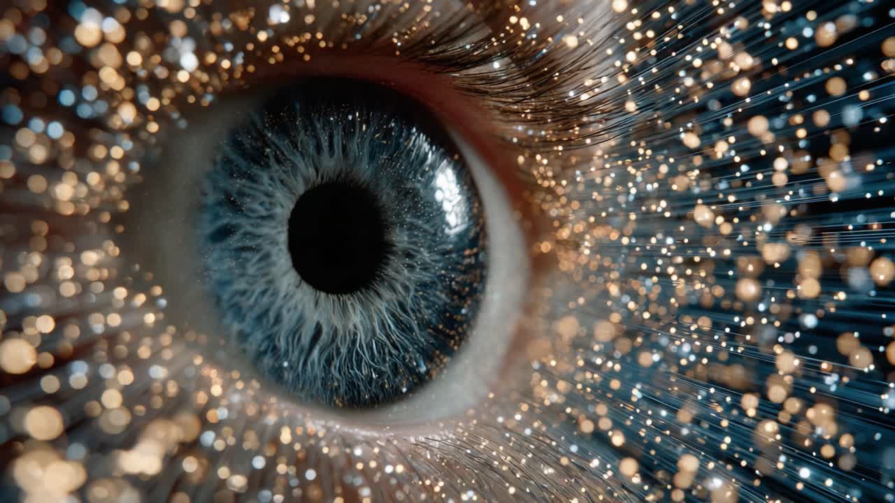 Captivating Close-Up of a Mystical Eye with Glimmering Particles and Luminous Trails, Showcasing Intricate Details and Dynamic Light Effects