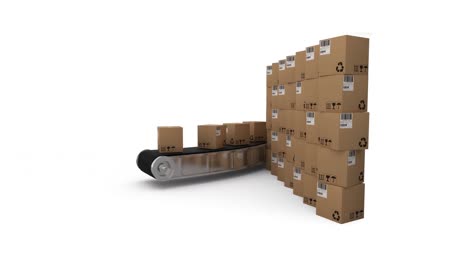 animation of multiple stacked up cardboard boxes moving on conveyor belt on white background