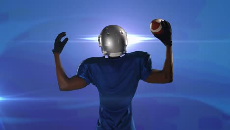 animación de la vista trasera de un emocionado jugador de fútbol americano con la pelota, en azul con luz pulsante